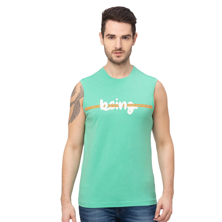Green Regular Fit Men's Sleeveless T-Shirt by Being Human Clothing