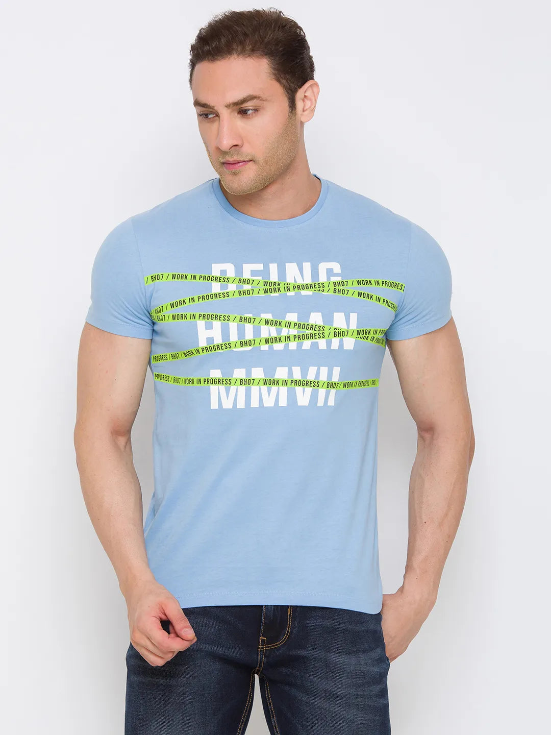 Blue Regular Fit Round Neck Men's T-Shirt by Being Human Clothing
