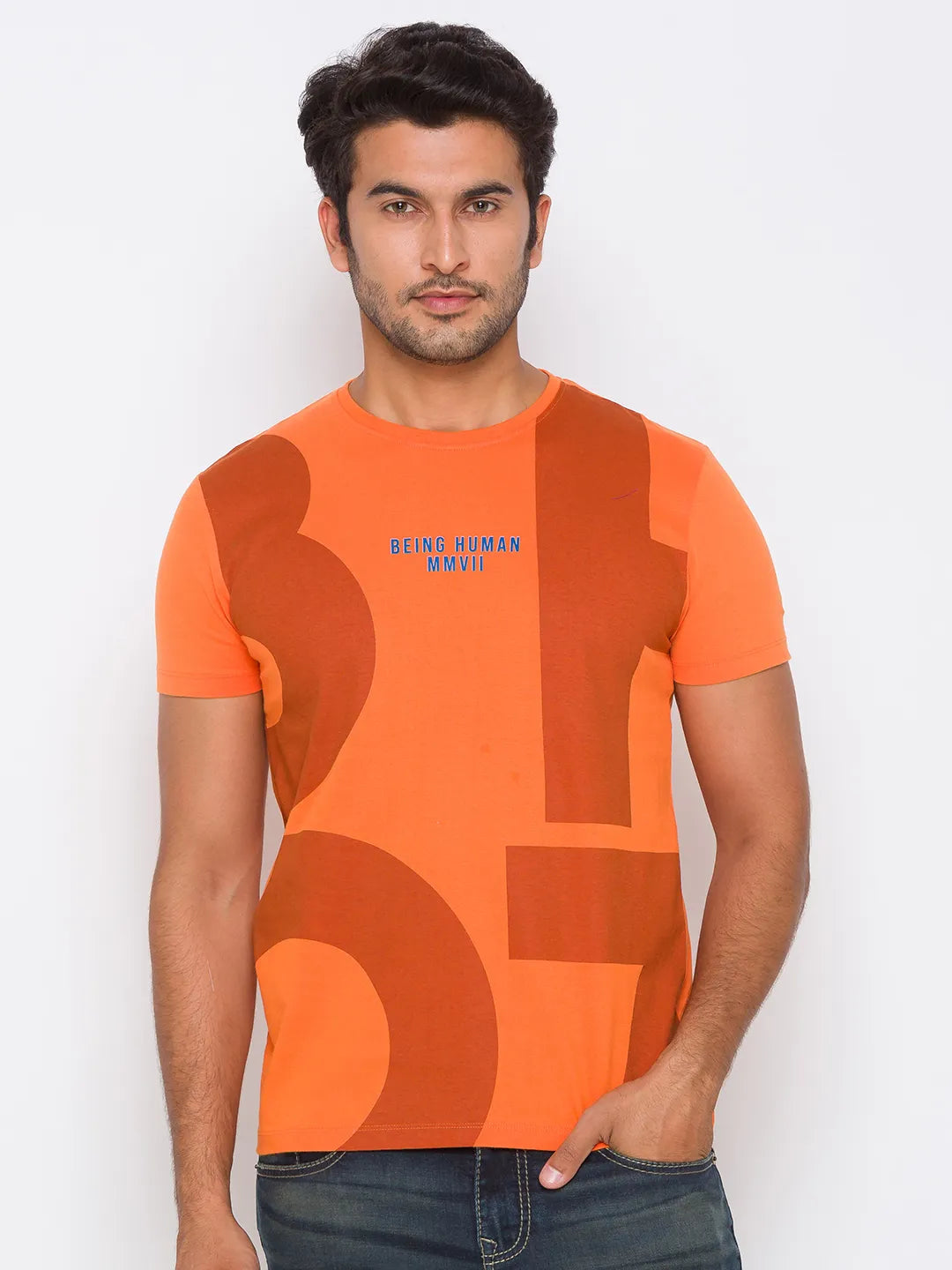 Orange Regular Fit Round Neck Men's T-Shirt by Being Human Clothing
