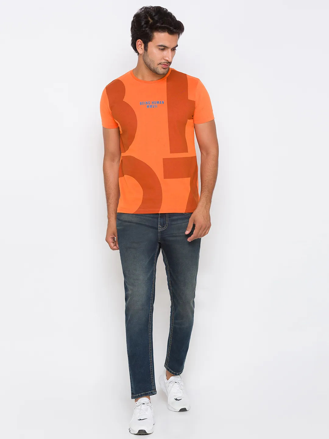 Orange Regular Fit Round Neck Men's T-Shirt by Being Human Clothing