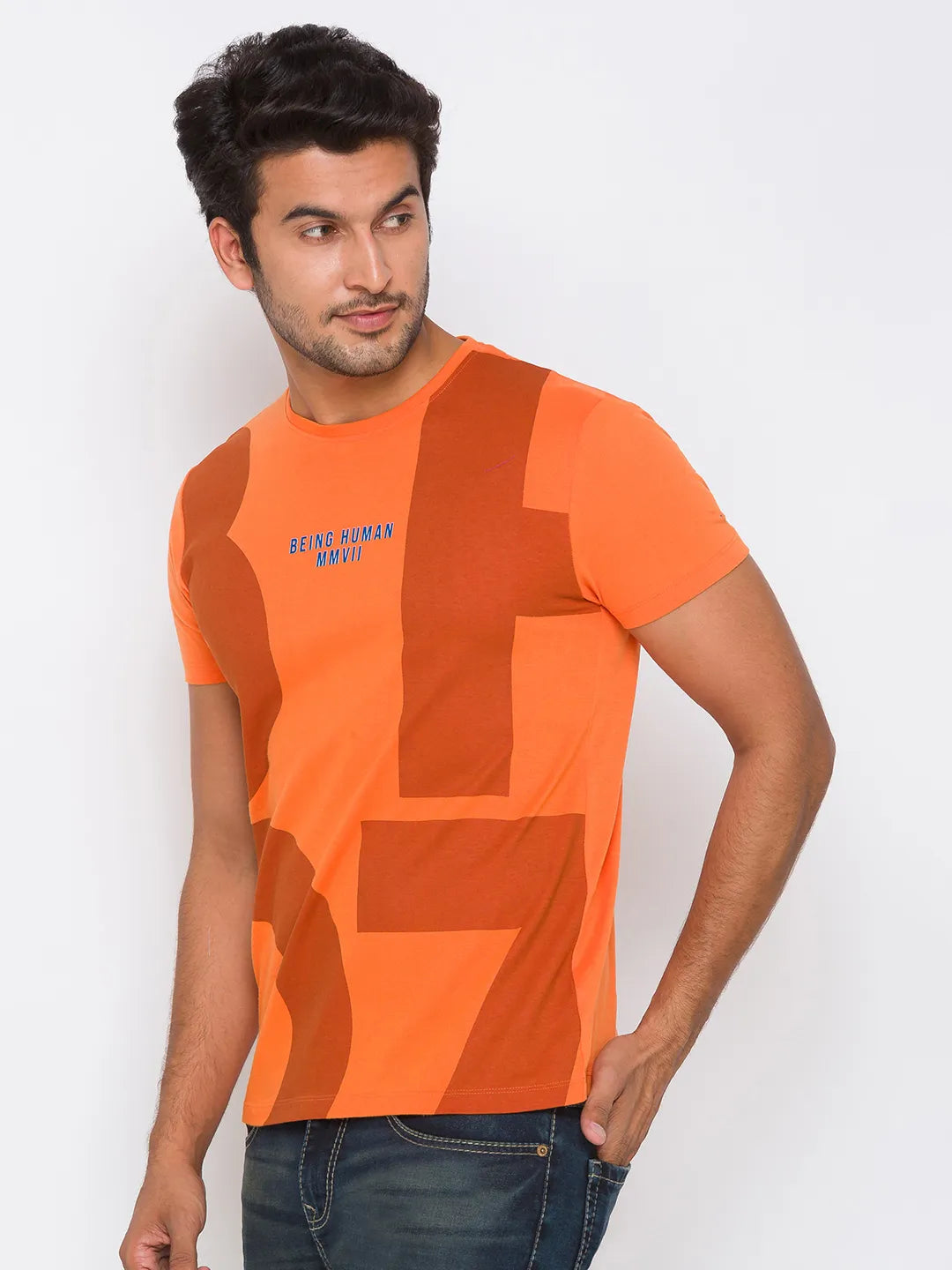 Orange Regular Fit Round Neck Men's T-Shirt by Being Human Clothing