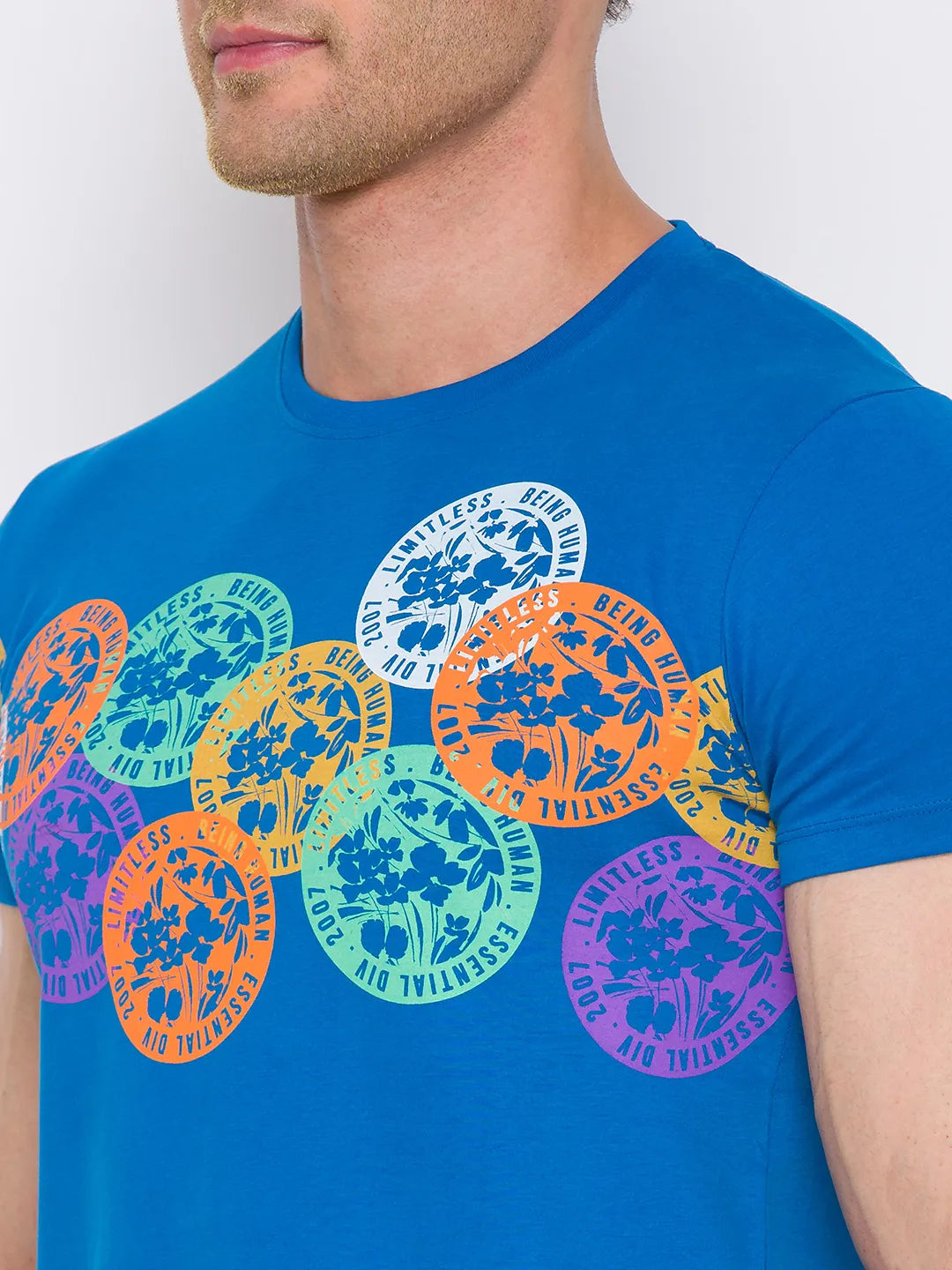 Blue Regular Fit Round Neck Men's T-Shirt by Being Human Clothing