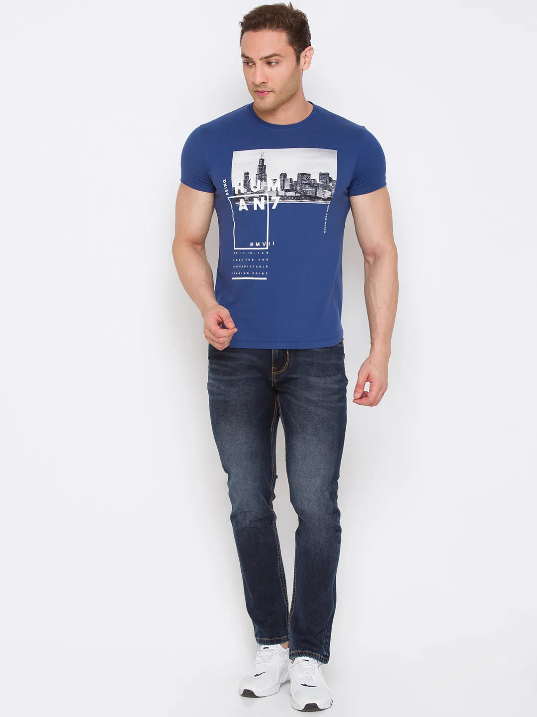 Navy Regular Fit Round Neck Men's T-Shirt by Being Human Clothing