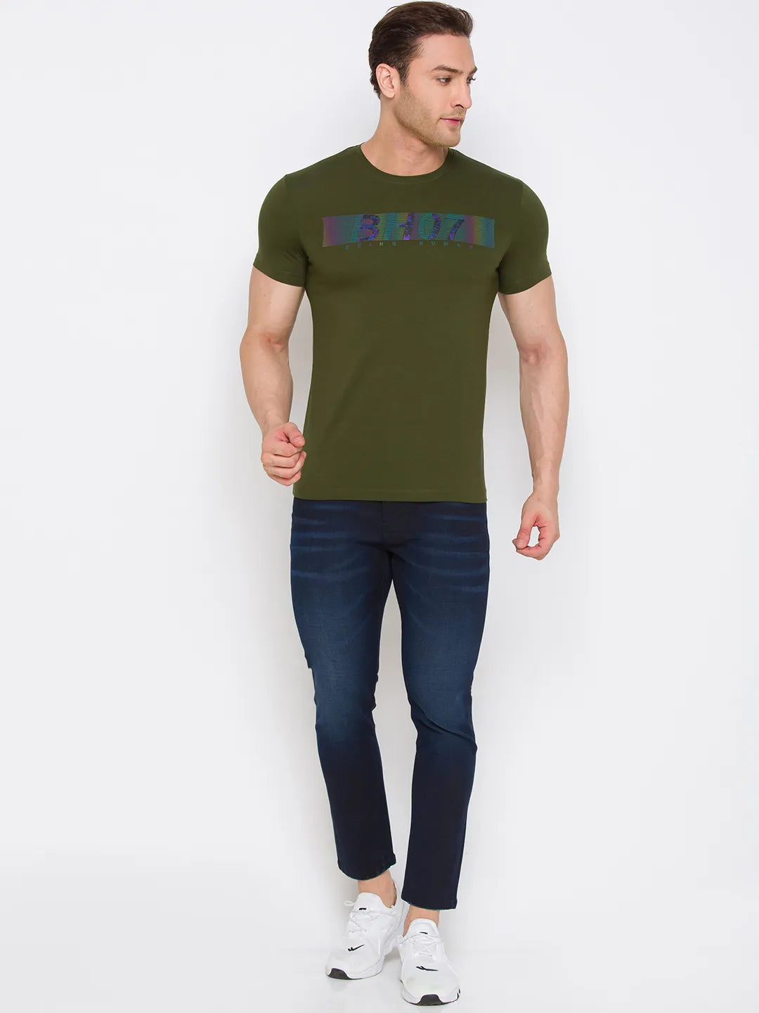 Olive Regular Fit Round Neck Men's T-Shirt by Being Human Clothing
