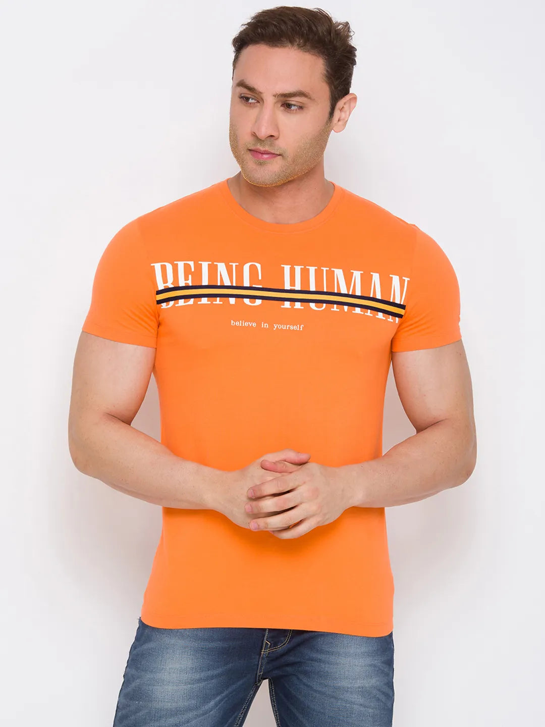 Orange Regular Fit Round Neck Men's T-Shirt by Being Human Clothing