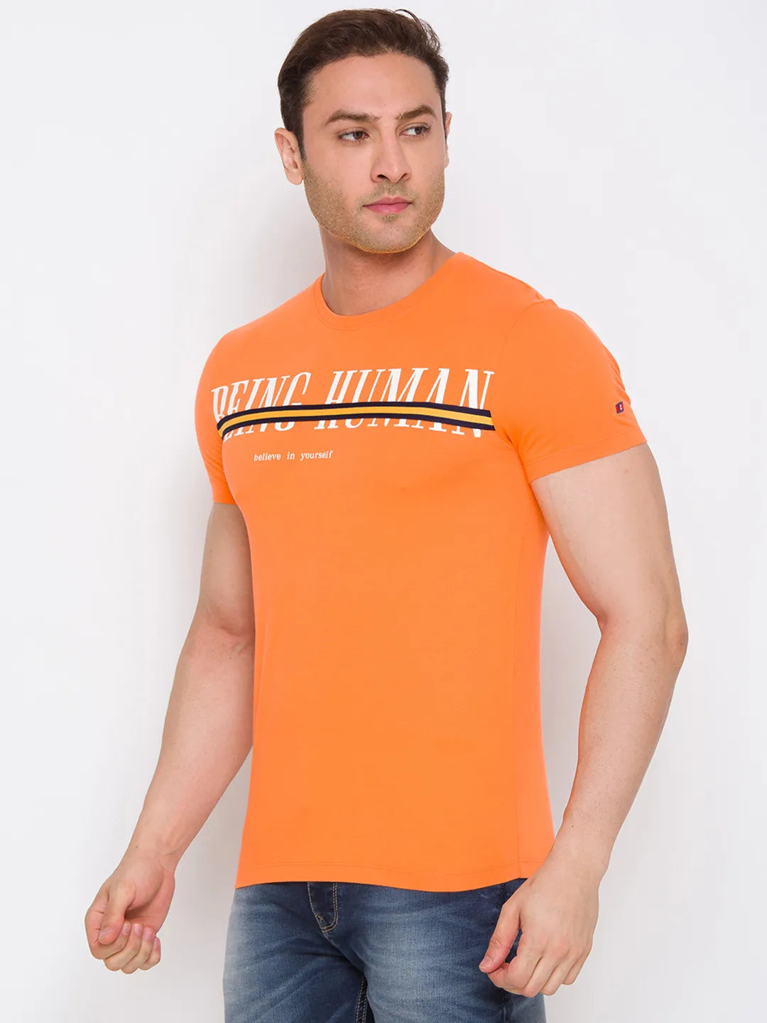 Orange Regular Fit Round Neck Men's T-Shirt by Being Human Clothing