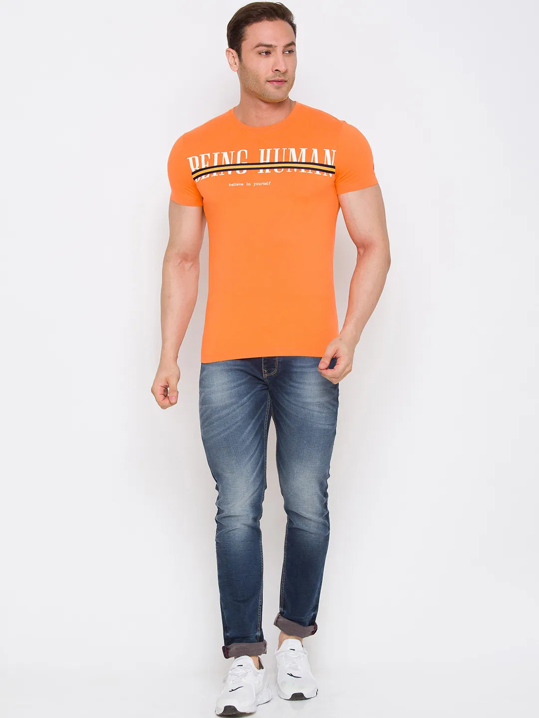 Orange Regular Fit Round Neck Men's T-Shirt by Being Human Clothing