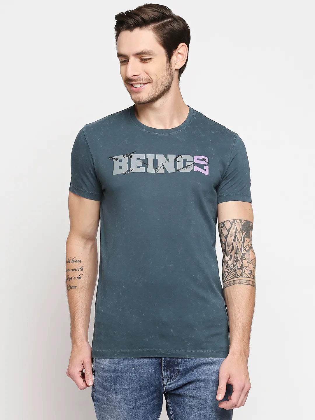 Teal Slim Fit Round Neck Men's T-Shirt by Being Human Clothing