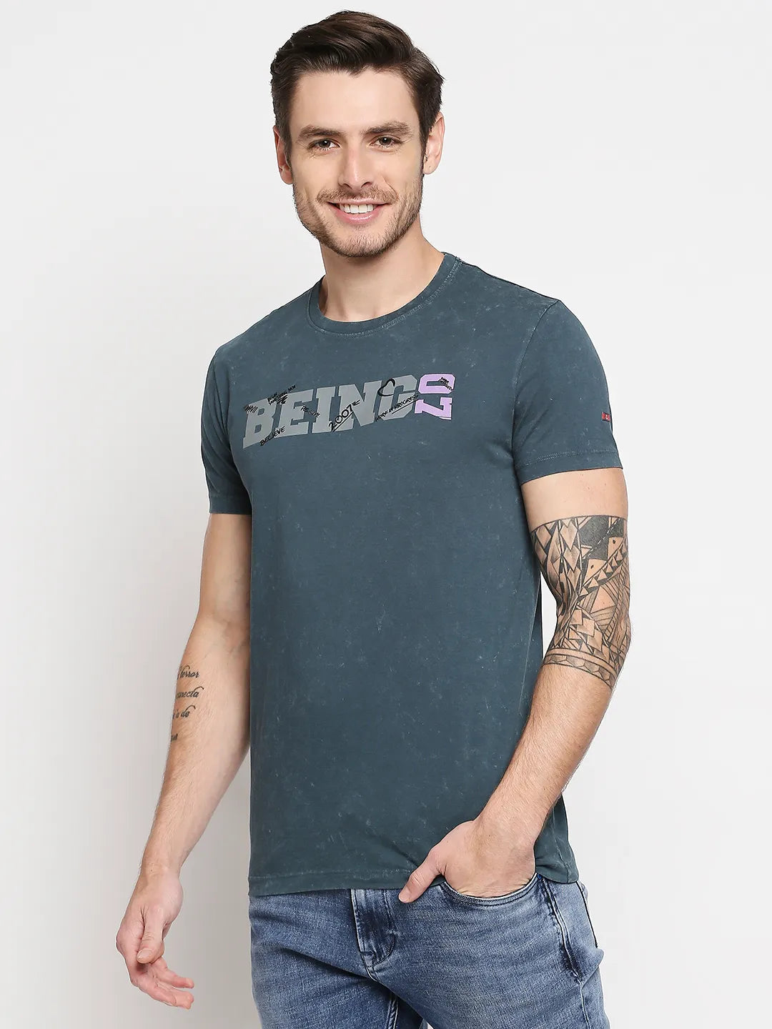 Teal Slim Fit Round Neck Men's T-Shirt by Being Human Clothing