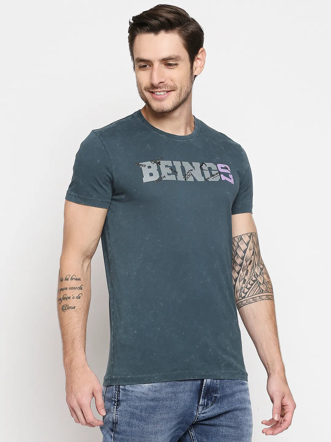 Teal Slim Fit Round Neck Men's T-Shirt by Being Human Clothing