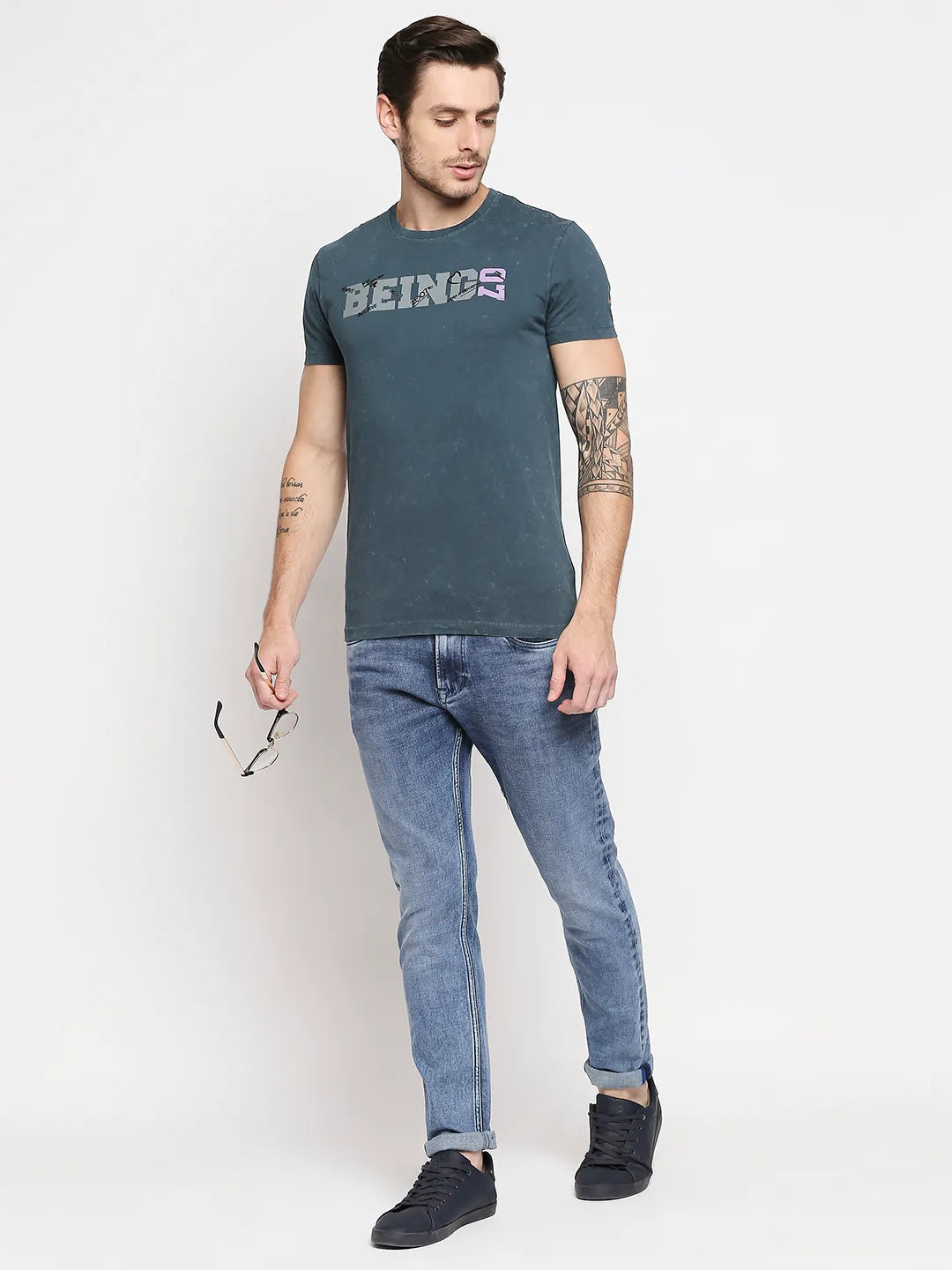 Teal Slim Fit Round Neck Men's T-Shirt by Being Human Clothing