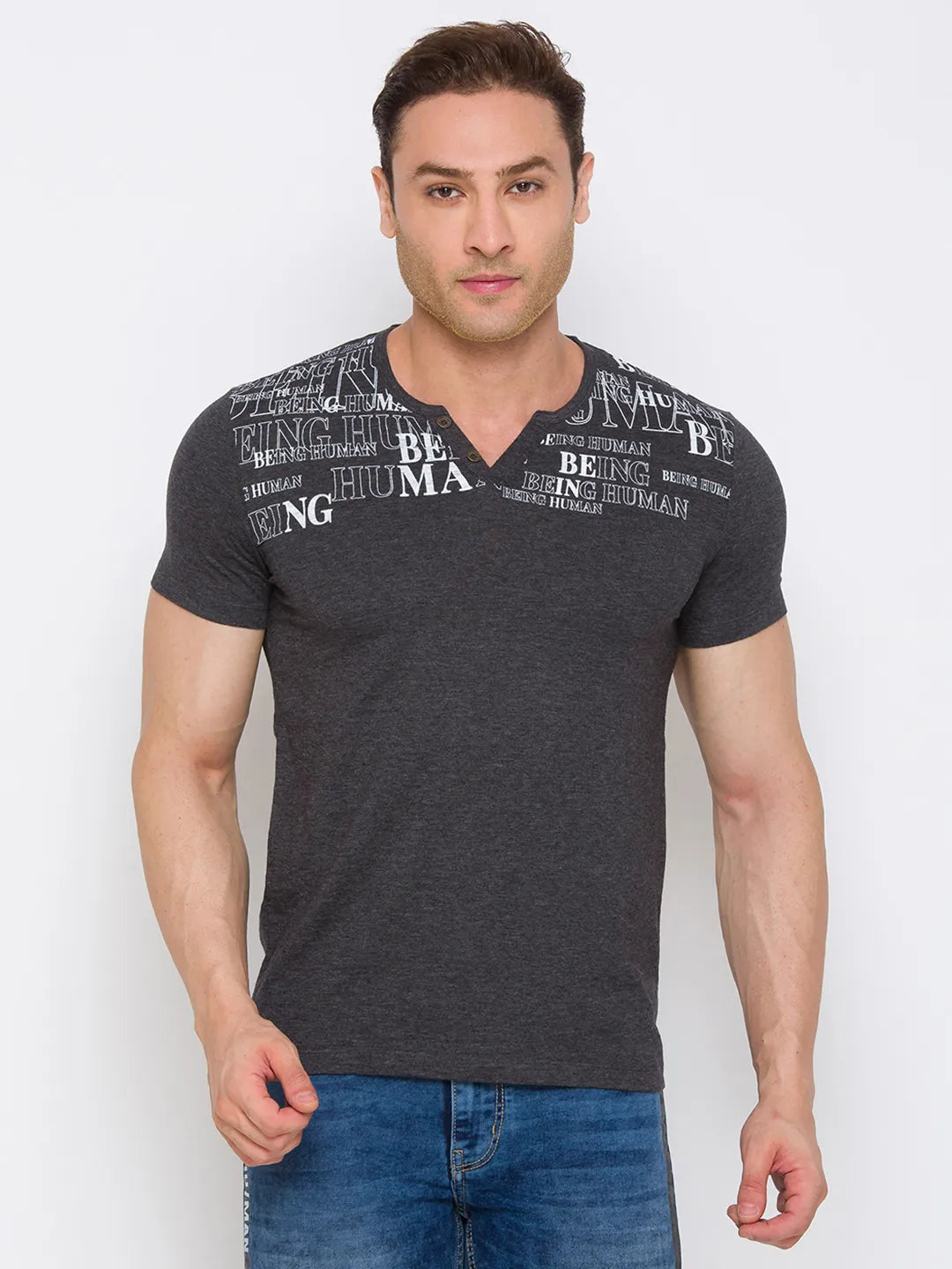 Grey Regular Fit Round Neck Men's T-Shirt by Being Human Clothing
