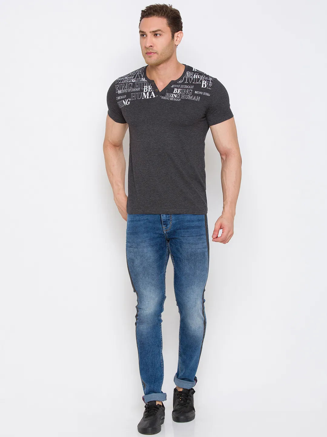 Grey Regular Fit Round Neck Men's T-Shirt by Being Human Clothing