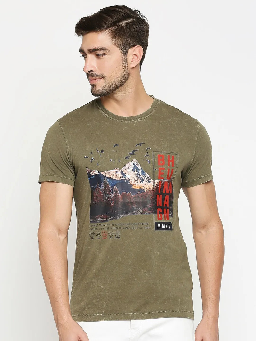 Olive Slim Fit Round Neck Men's T-Shirt by Being Human Clothing
