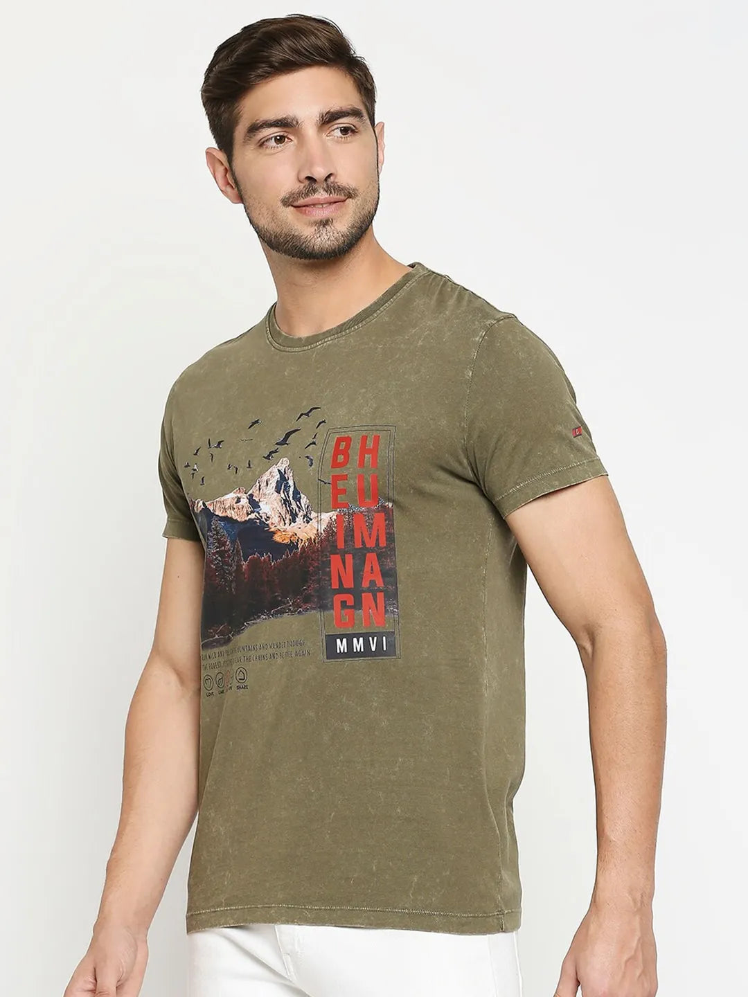 Olive Slim Fit Round Neck Men's T-Shirt by Being Human Clothing