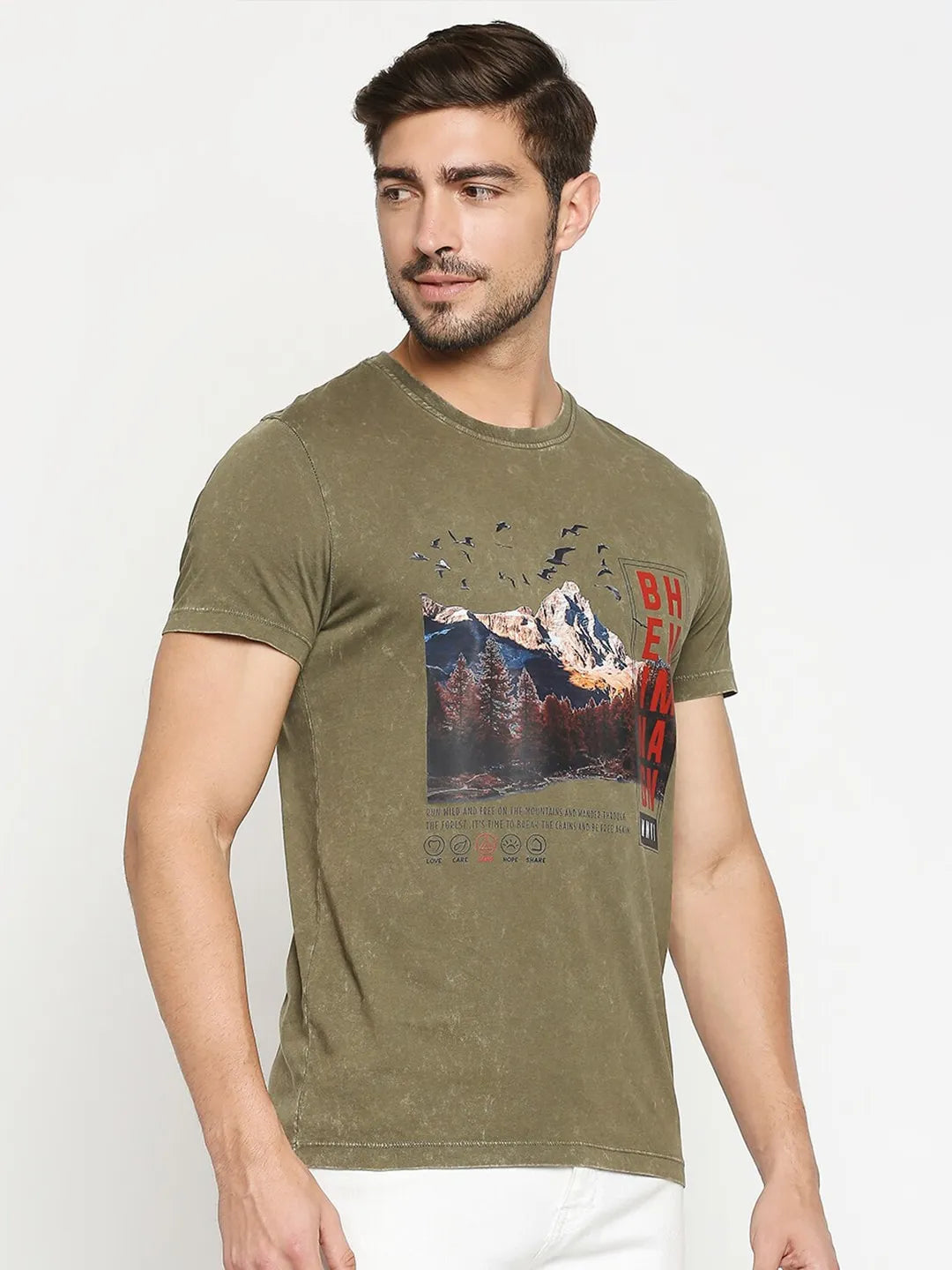 Olive Slim Fit Round Neck Men's T-Shirt by Being Human Clothing