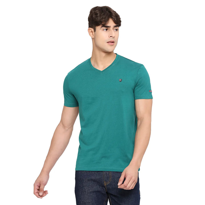 Set of 2 Regular Fit Men's V neck T-Shirts by Being Human Clothing-Blue & Green
