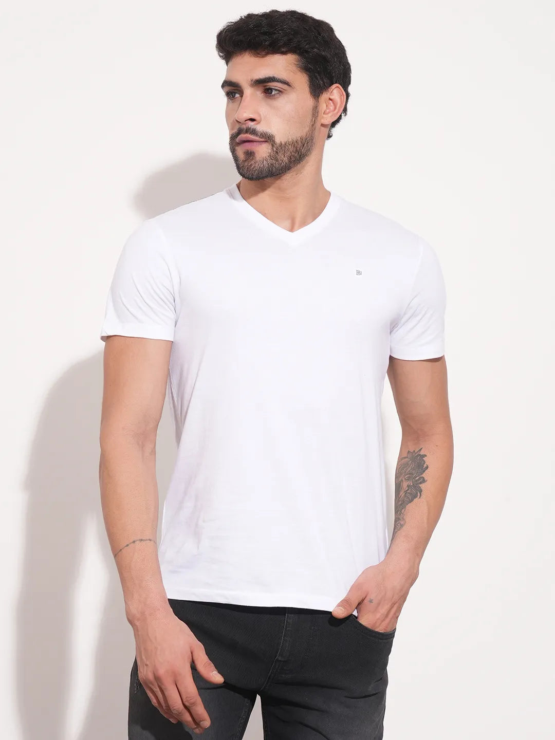White Regular Fit V Neck Mens' T-Shirt by Being Human Clothing