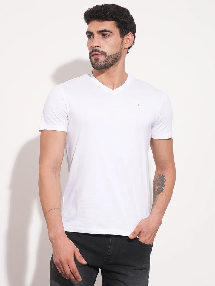 White Regular Fit V Neck Men's T-Shirt by Being Human Clothing