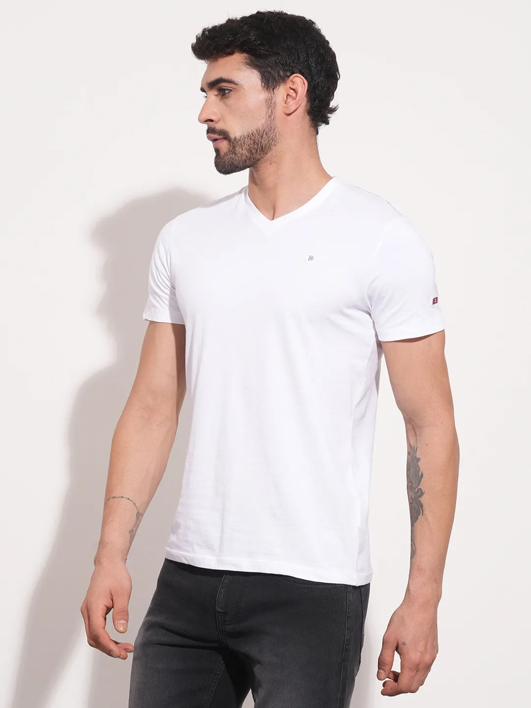 White Regular Fit V Neck Mens' T-Shirt by Being Human Clothing