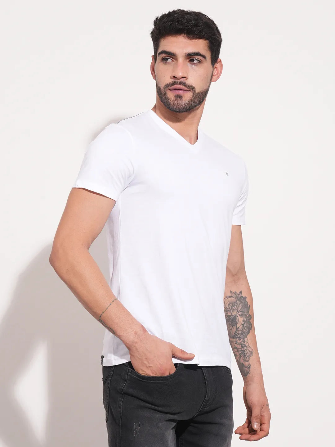 White Regular Fit V Neck Mens' T-Shirt by Being Human Clothing