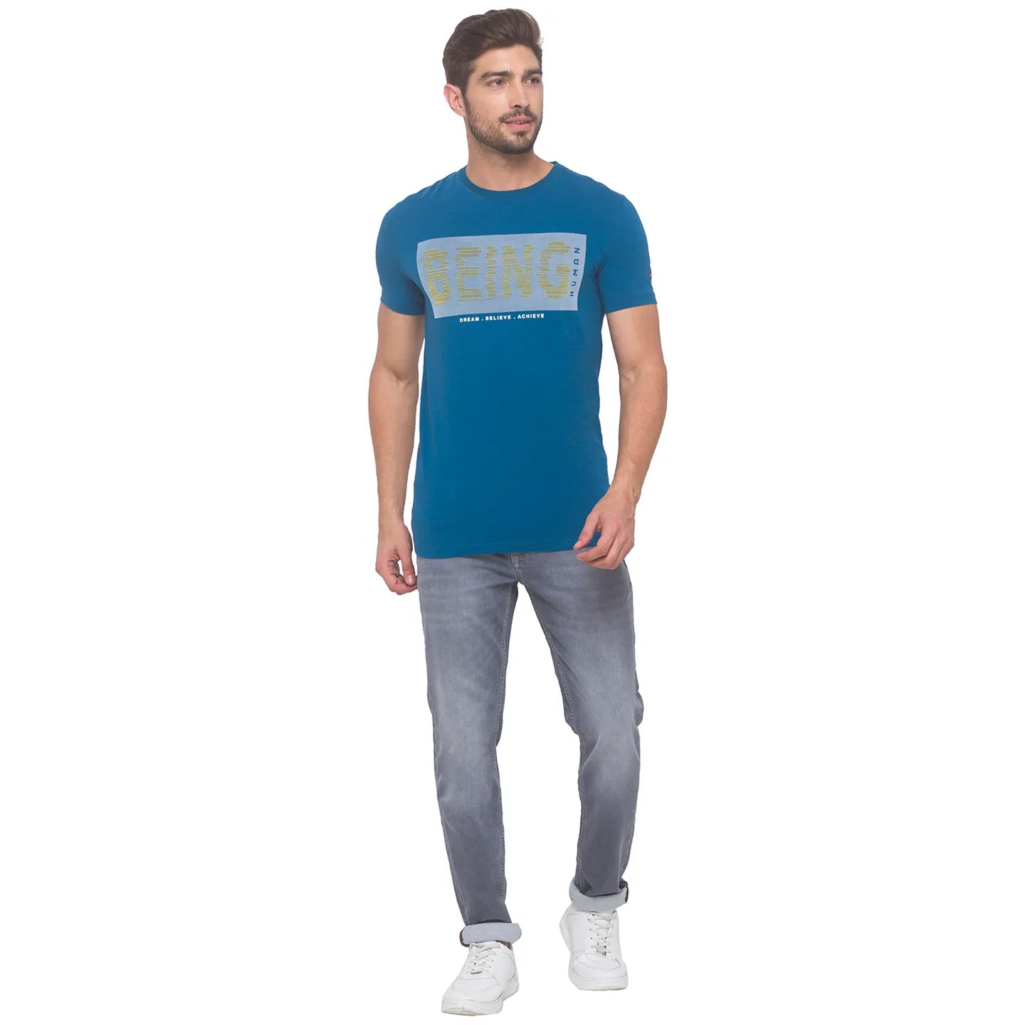 Marine Blue Slim Fit Round Neck Men's T-Shirt by Being Human Clothing