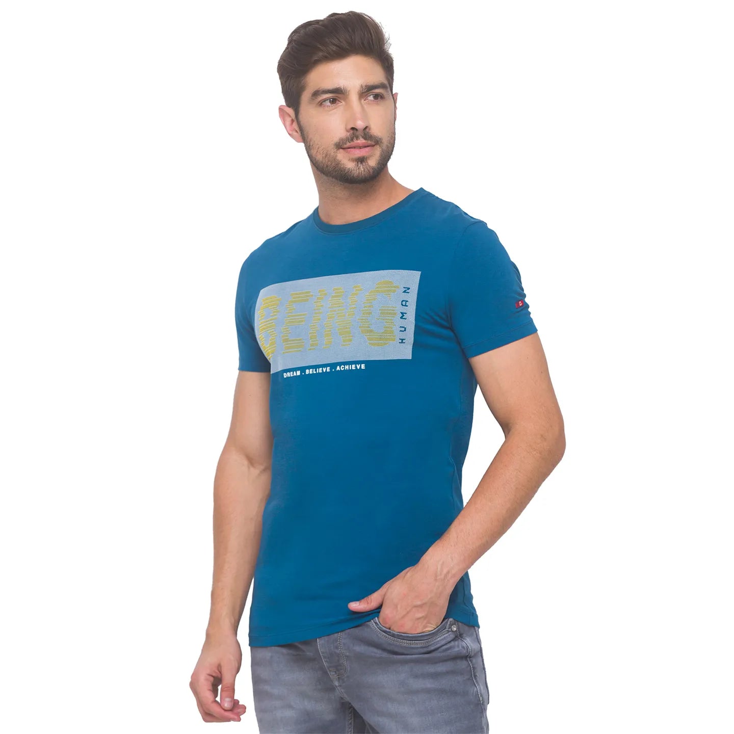 Marine Blue Slim Fit Round Neck Men's T-Shirt by Being Human Clothing