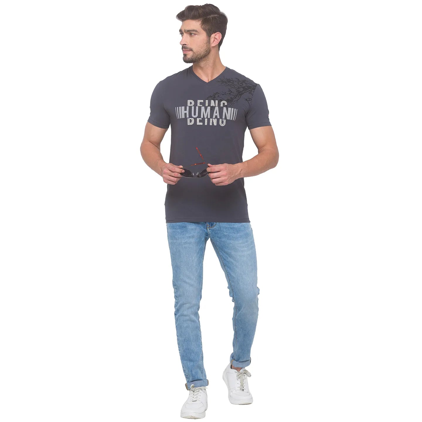Being Human Clothing Men Slim Fit Crew Neck T-Shirts-Charcoal