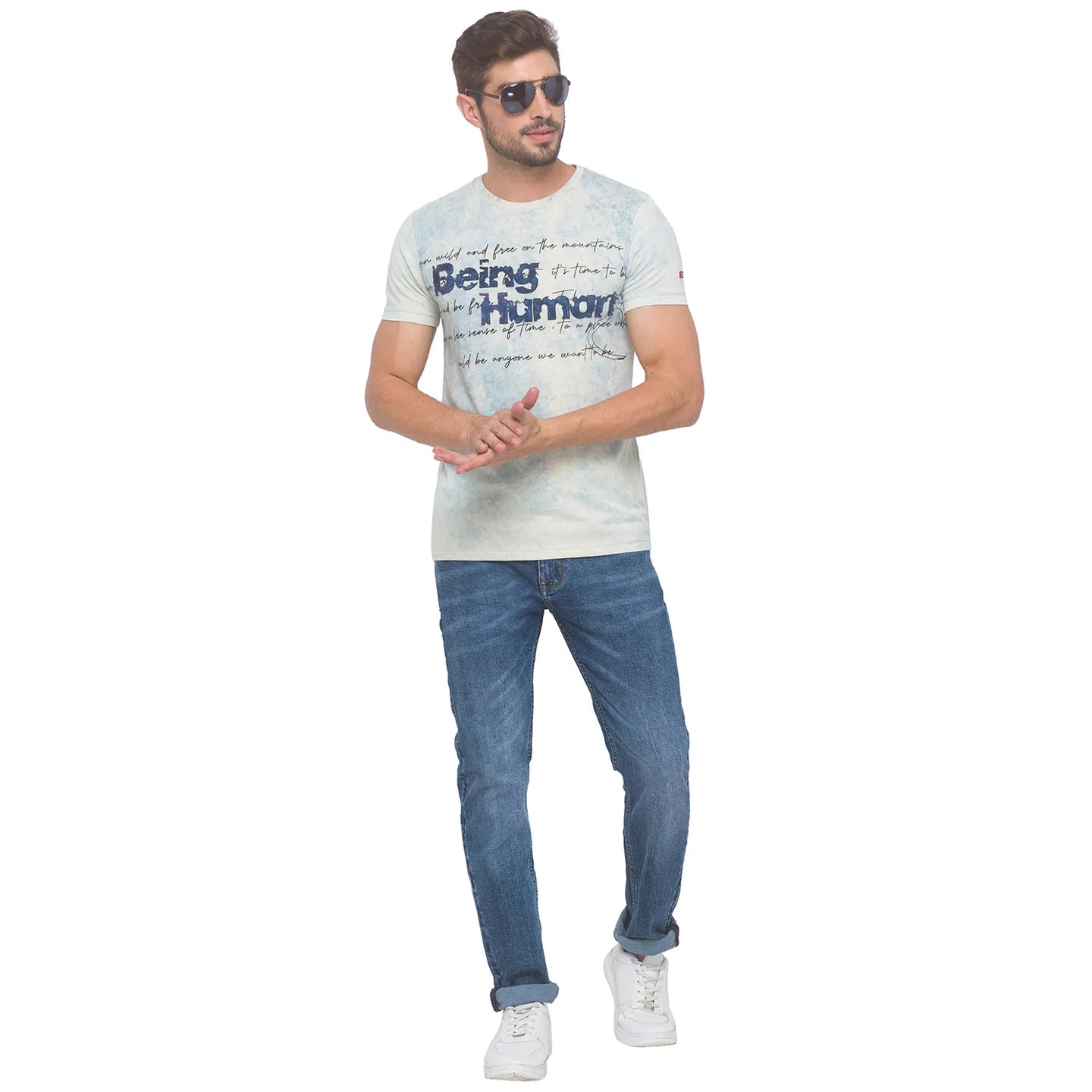 Being Human Clothing Men Slim Fit Crew Neck T-Shirts-Light Indigo