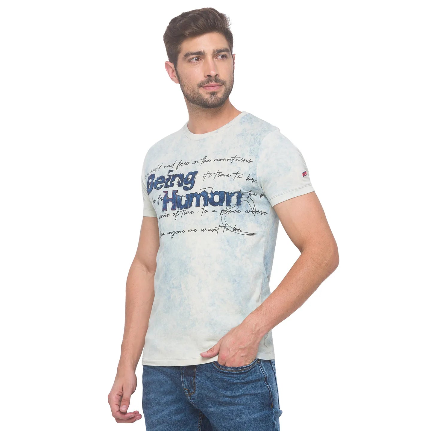 Being Human Clothing Men Slim Fit Crew Neck T-Shirts-Light Indigo