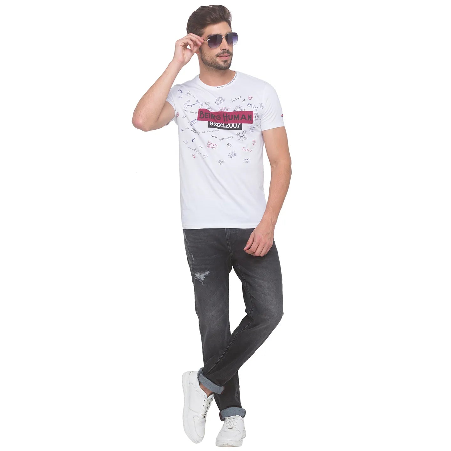 White Slim Fit Round Neck Men's T-Shirt by Being Human Clothing