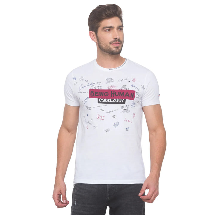 White Slim Fit Round Neck Men's T-Shirt by Being Human Clothing