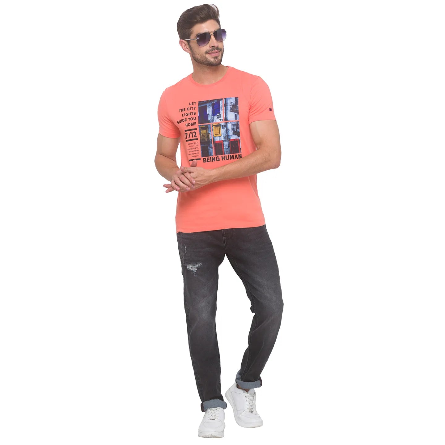 Being Human Clothing Men Regular Fit Crew Neck T-Shirts-Salmon