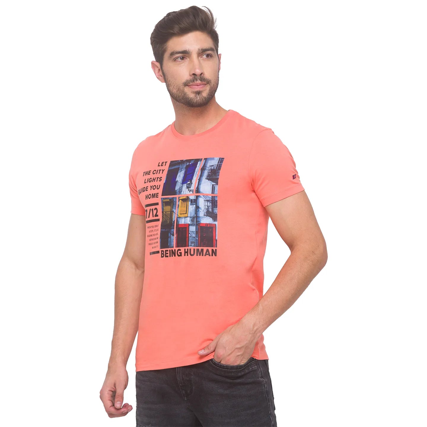 Being Human Clothing Men Regular Fit Crew Neck T-Shirts-Salmon