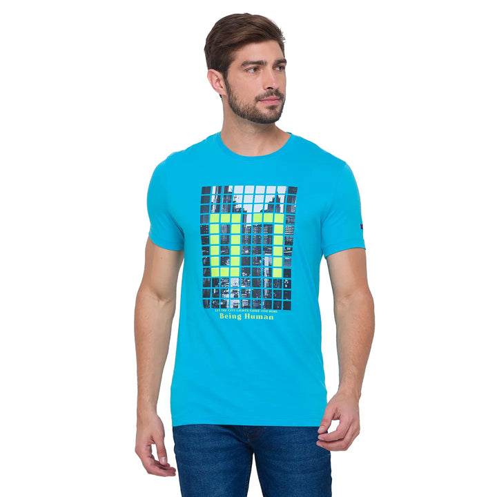 Scuba Blue Regular Fit Round Neck Men's T-Shirt by Being Human Clothing