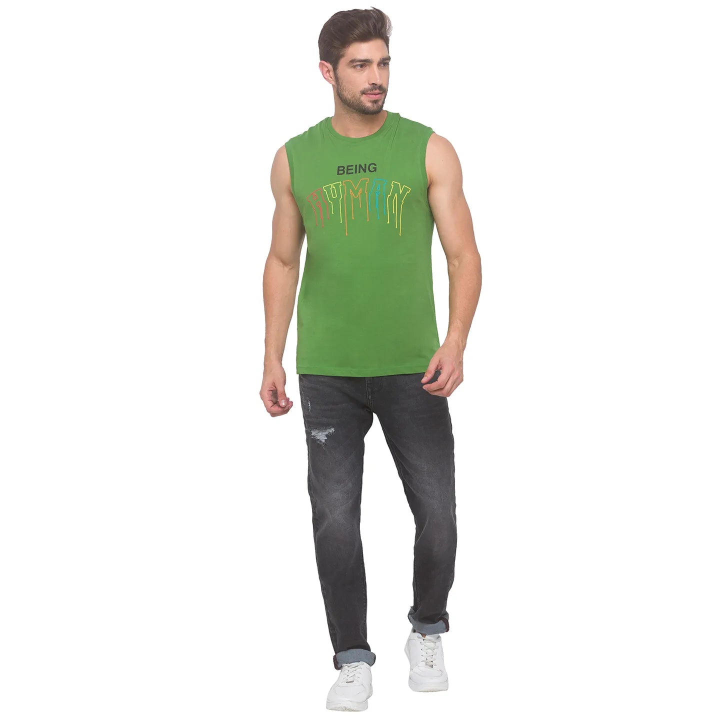 Green Regular Fit Men's Sleevesles T-Shirt by Being Human Clothing