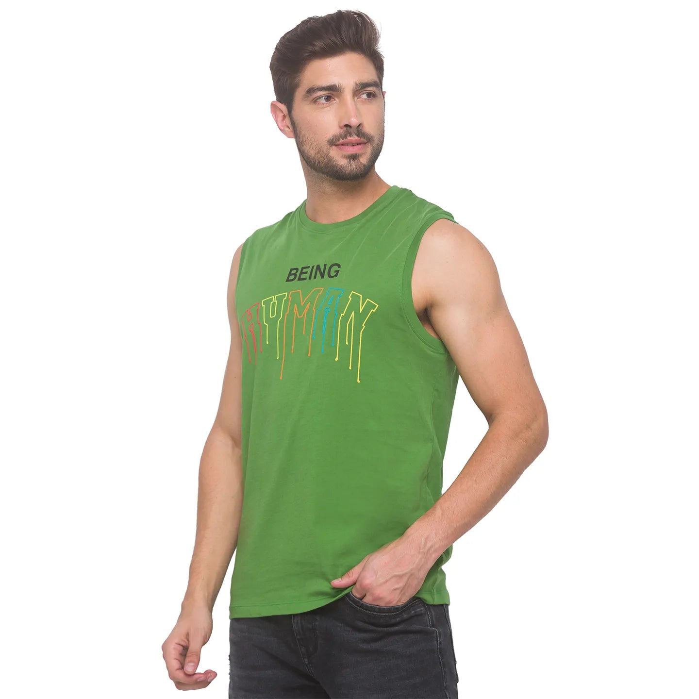 Green Regular Fit Men's Sleevesles T-Shirt by Being Human Clothing