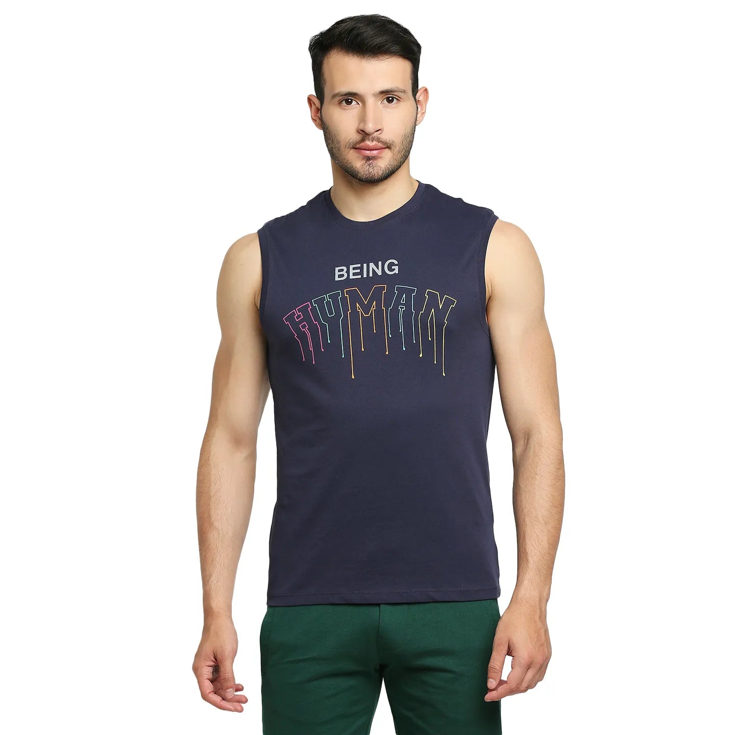 Blue Regular Fit Men's Sleevesles T-Shirt by Being Human Clothing