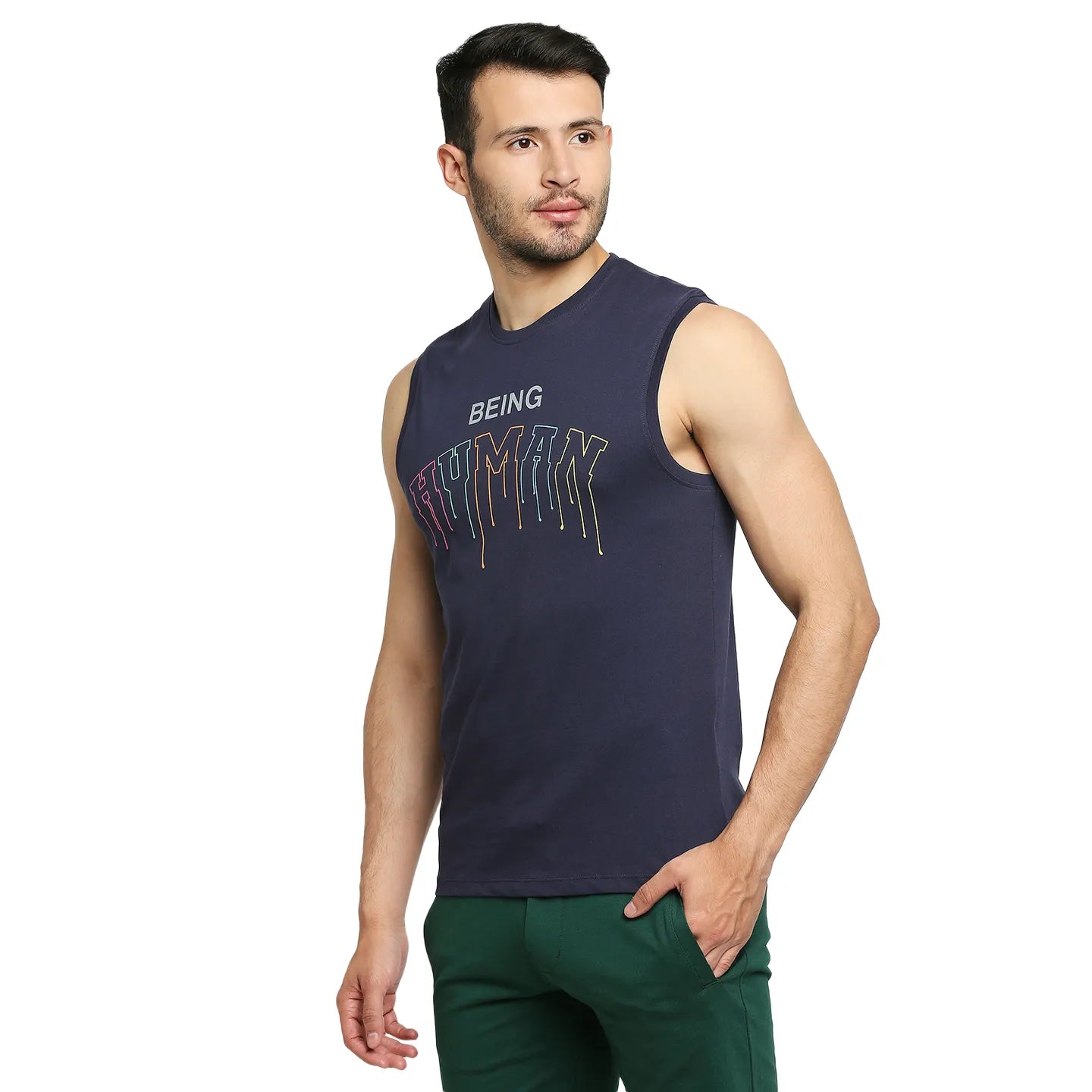 Blue Regular Fit Men's Sleevesles T-Shirt by Being Human Clothing
