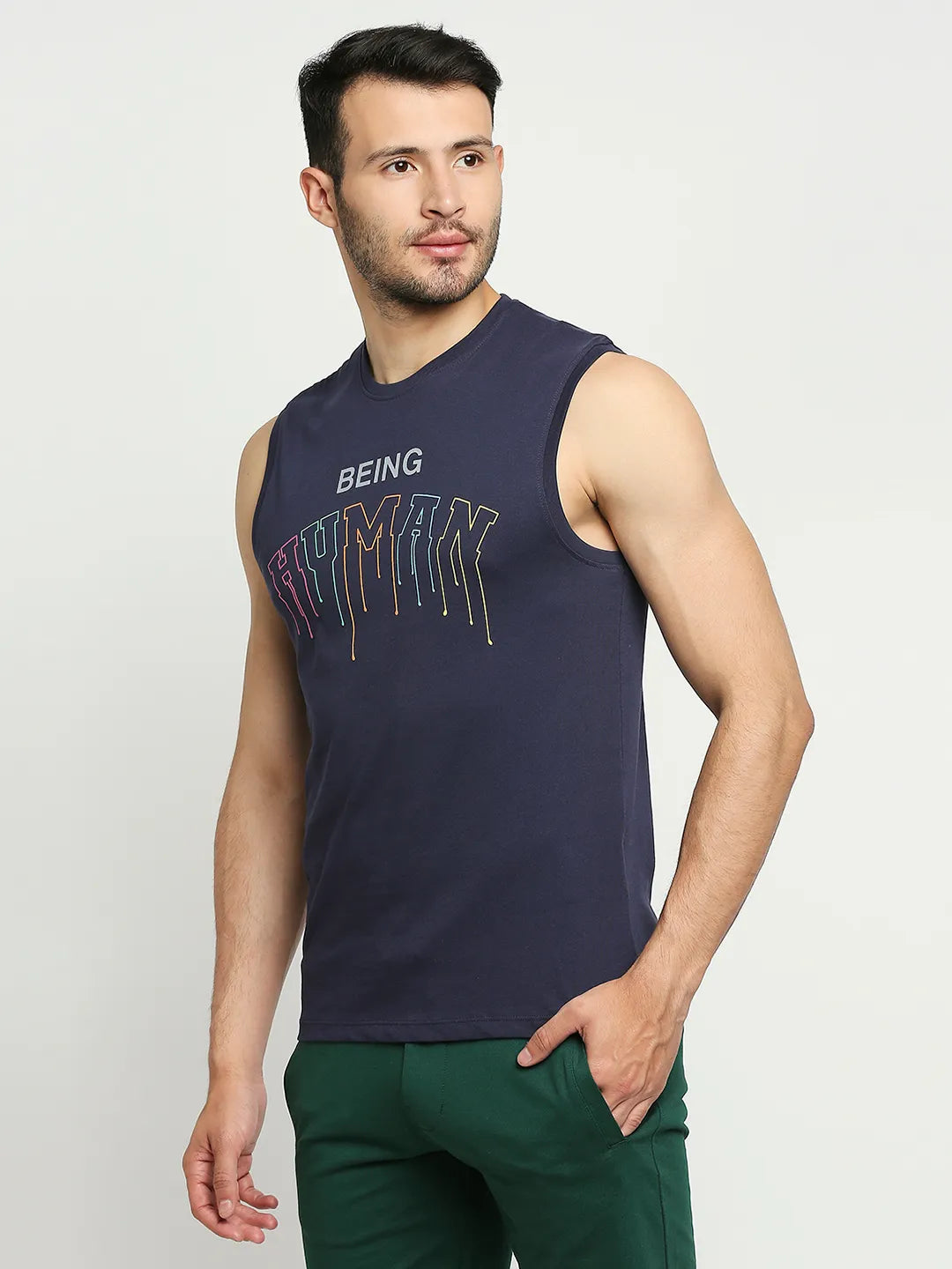 Blue Regular Fit Men's Sleevesles T-Shirt by Being Human Clothing