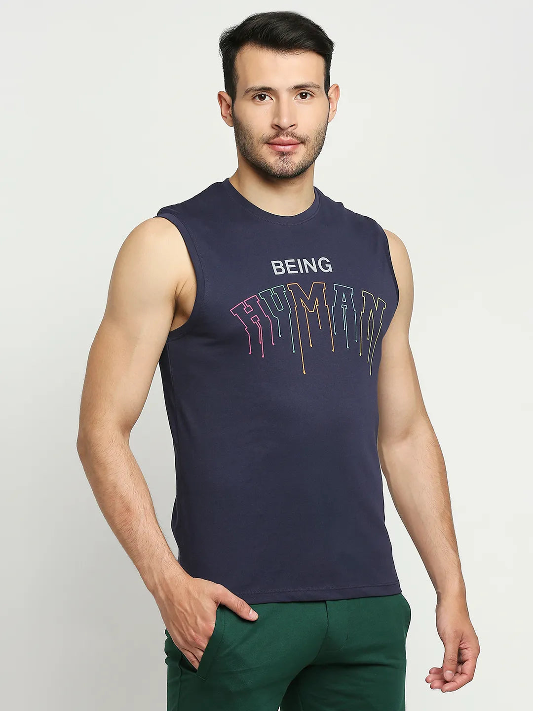 Blue Regular Fit Men's Sleevesles T-Shirt by Being Human Clothing