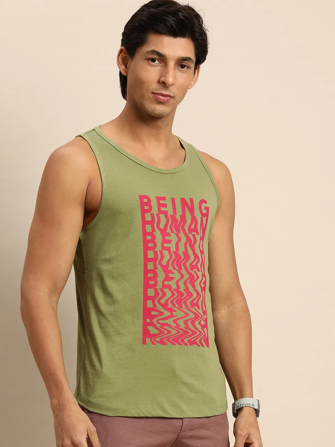 Green Regular Fit Men's Sleevesles T-Shirt by Being Human Clothing