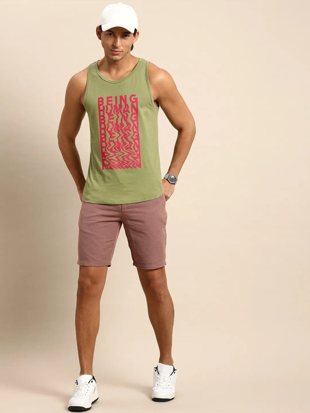 Green Regular Fit Men's Sleevesles T-Shirt by Being Human Clothing