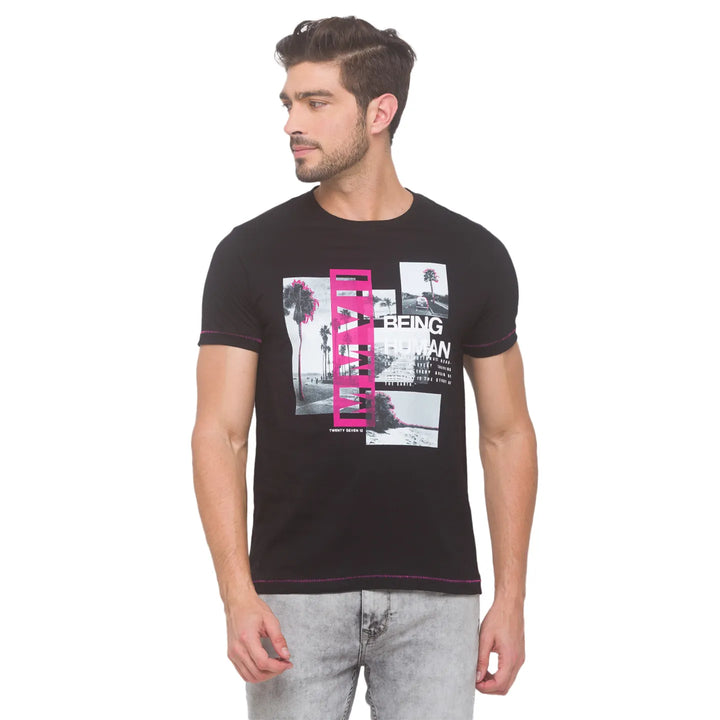 Black Regular Fit Round Neck Men's T-Shirt by Being Human Clothing