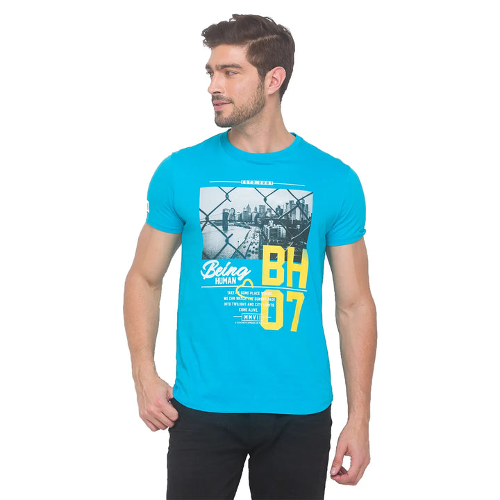 Scuba Blue Regular Fit Round Neck Men's T-Shirt by Being Human Clothing