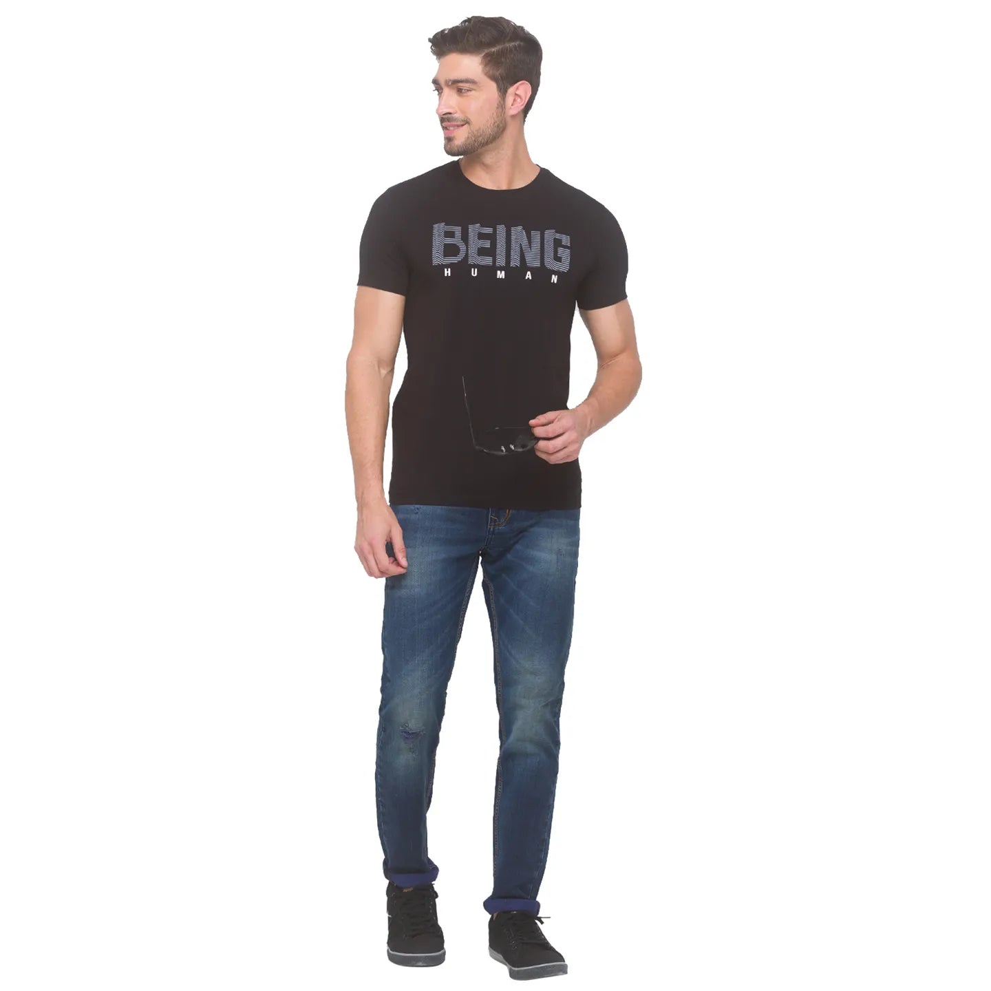 Black Regular Fit Round Neck Men's T-Shirt by Being Human Clothing