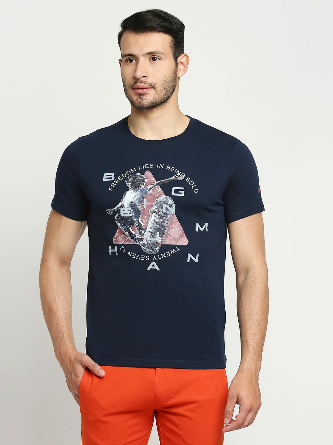 Navy Regular Fit Round Neck Men's T-Shirt by Being Human Clothing