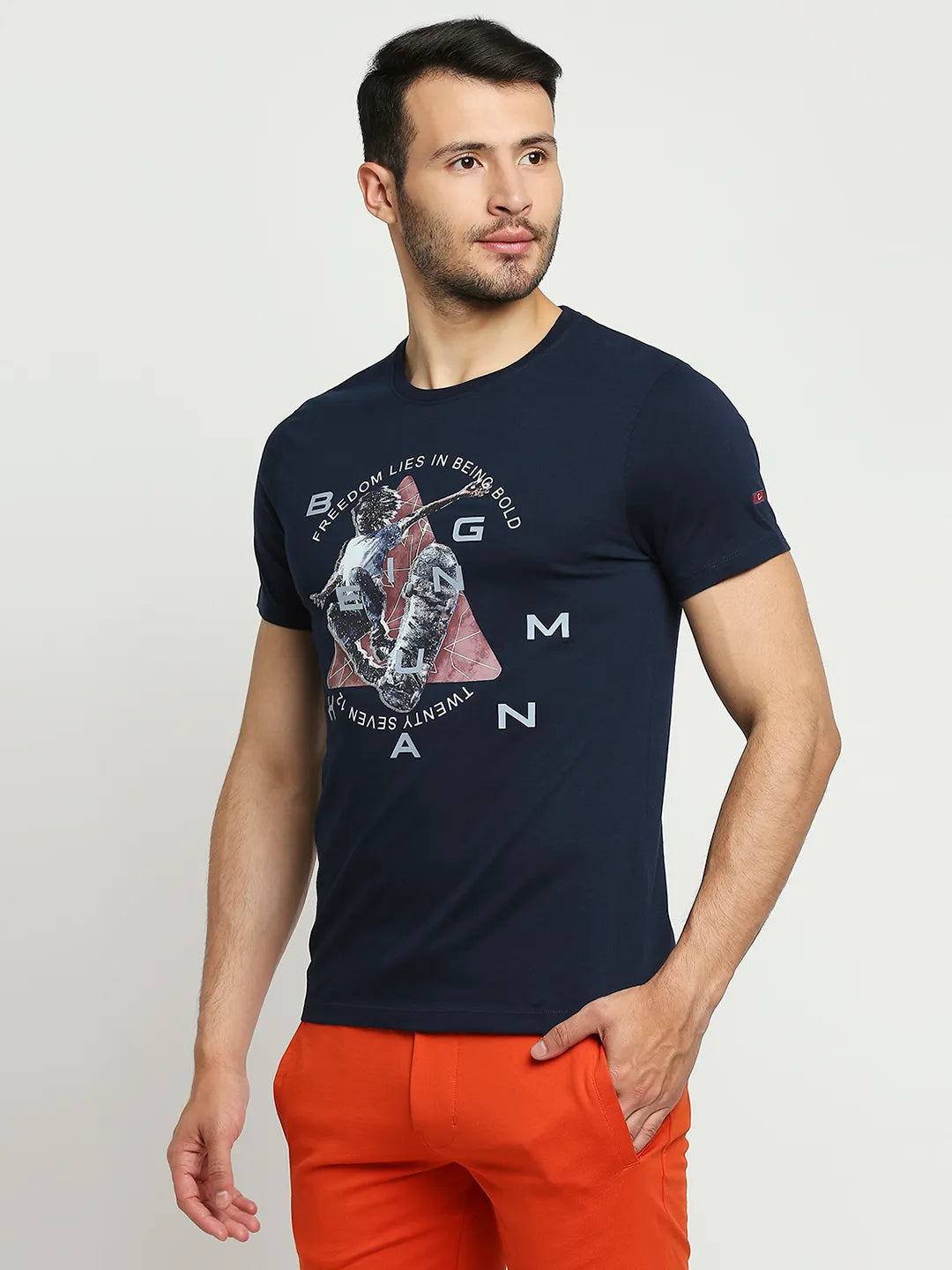 Navy Regular Fit Round Neck Men's T-Shirt by Being Human Clothing