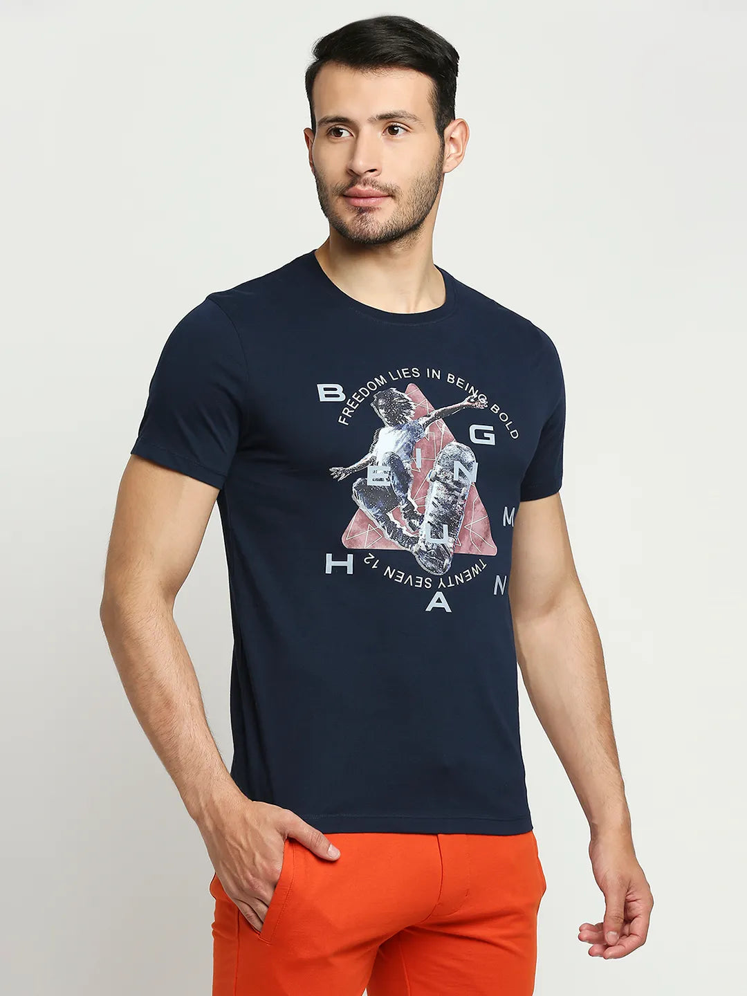 Navy Regular Fit Round Neck Men's T-Shirt by Being Human Clothing