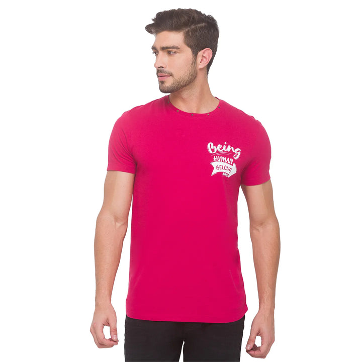 Electric Magenta Regular Fit Round Neck Men's T-Shirt by Being Human Clothing